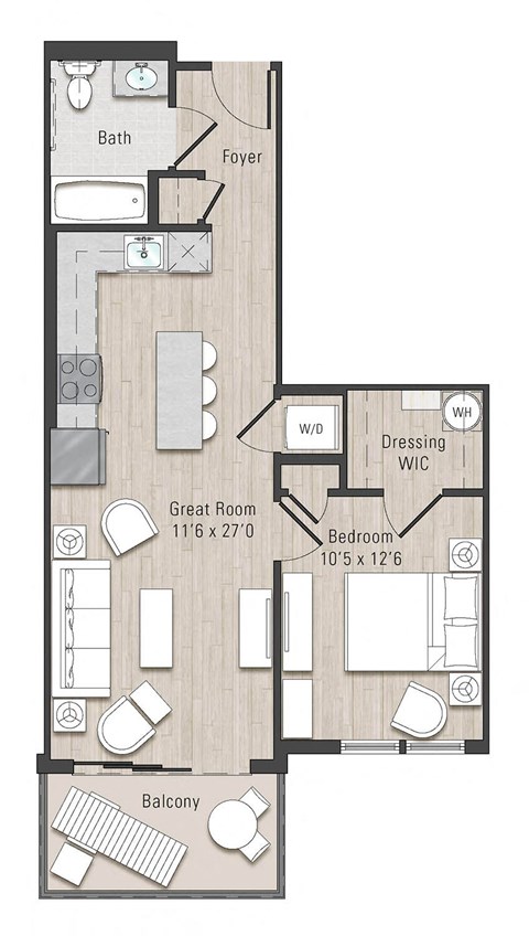 Floor plan for 1 bed, 1 bath, 640 sqft